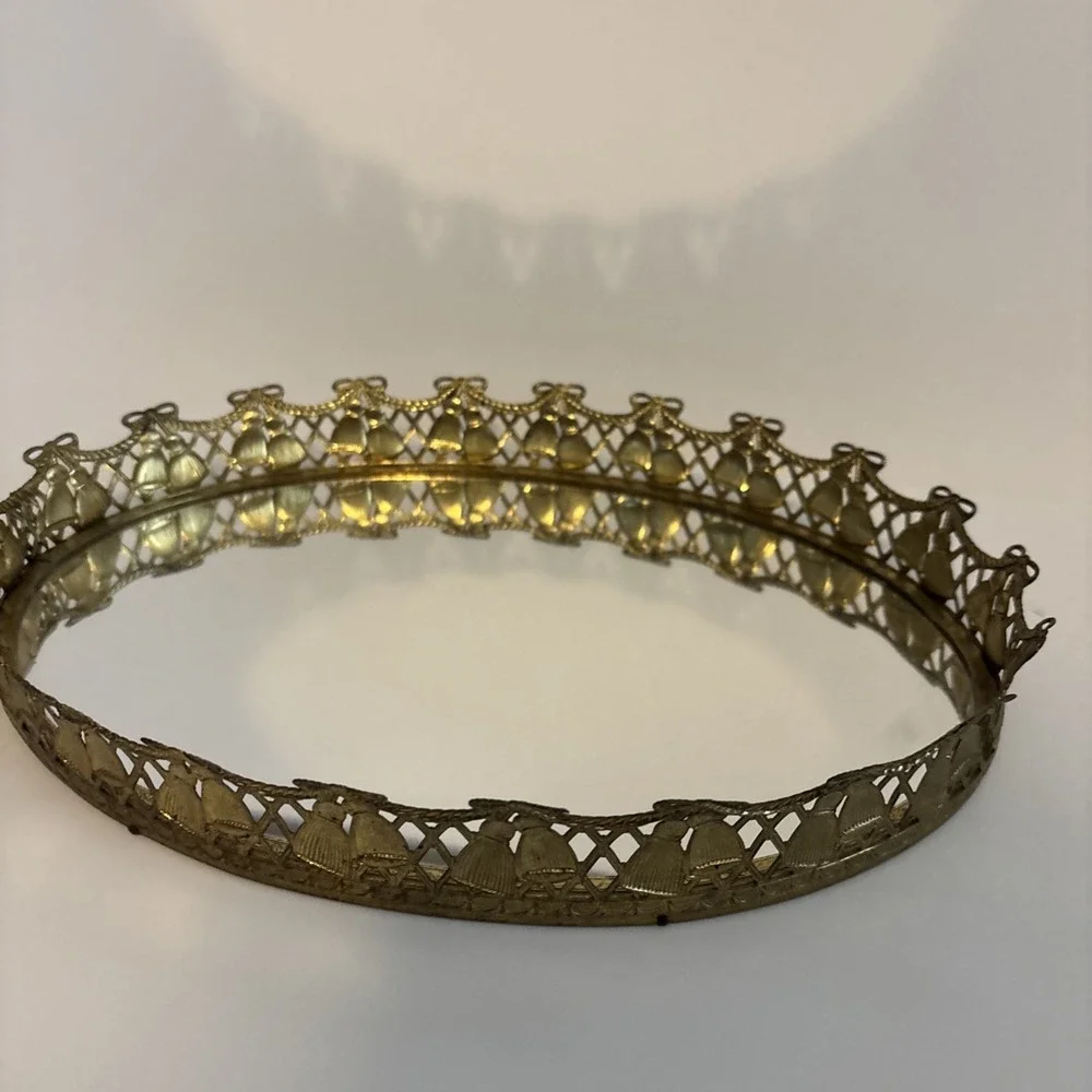 Vintage Gold Filigree Metal Mirror Vanity Dresser,